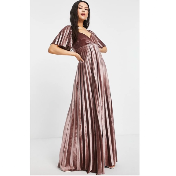 (NWT) ASOS DESIGN twist back pleated empire waist velvet maxi dress in champagne - Picture 1 of 9